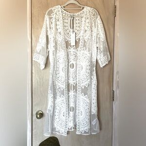 RACHEL ZOE Sheer Embroidered Kimono OS Cover-Up White Boho Beach Caftan
